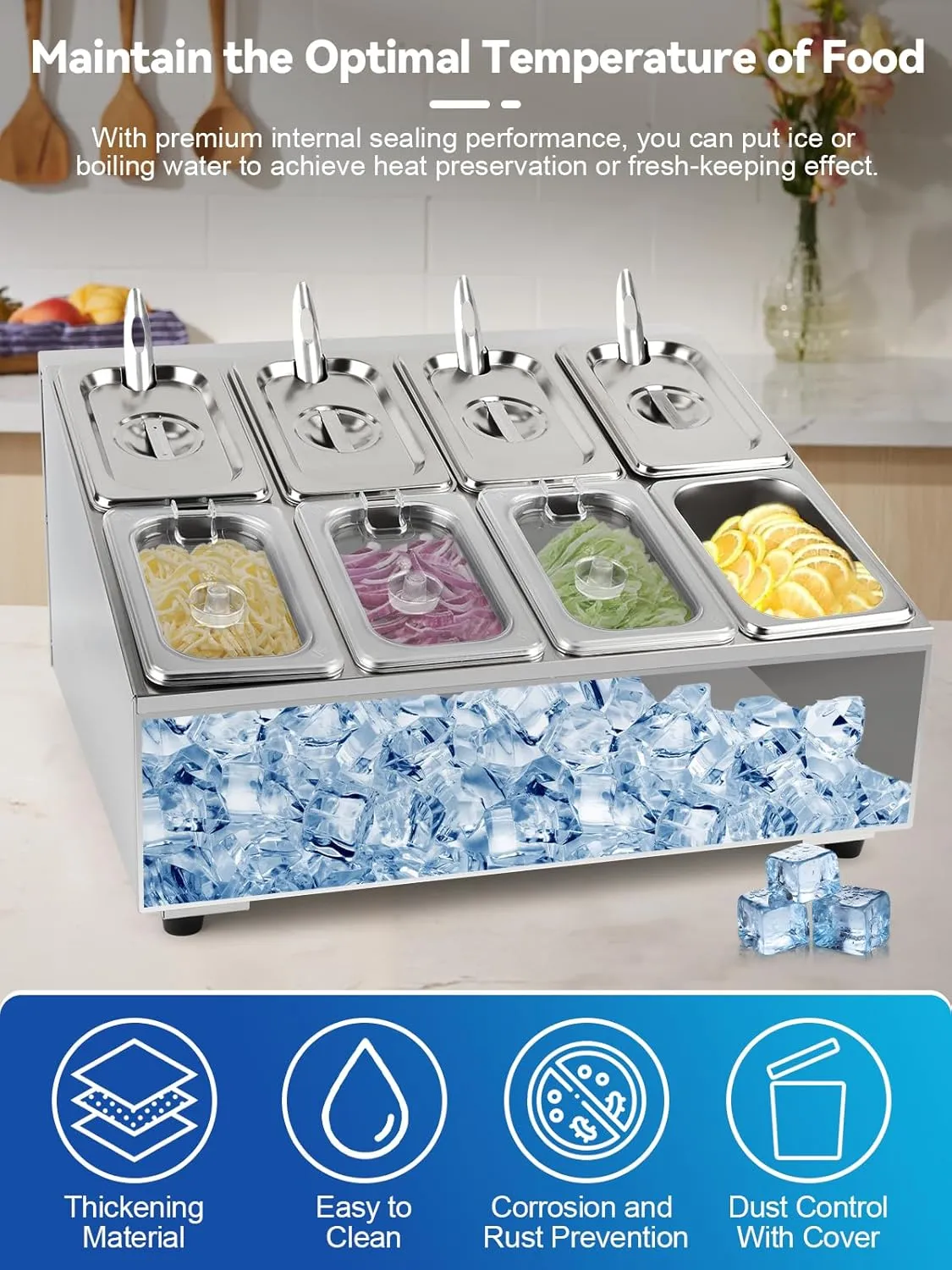 Lanstics 8 Pans Spice Rack Shelf 2 Row Stainless Steel Spice Organizer Stand with Lids Spoons Countertop Inclined Holder Buffet Containers Set for Sauce Jam Fruits Ingredient Kitchen Restaurant Pantry