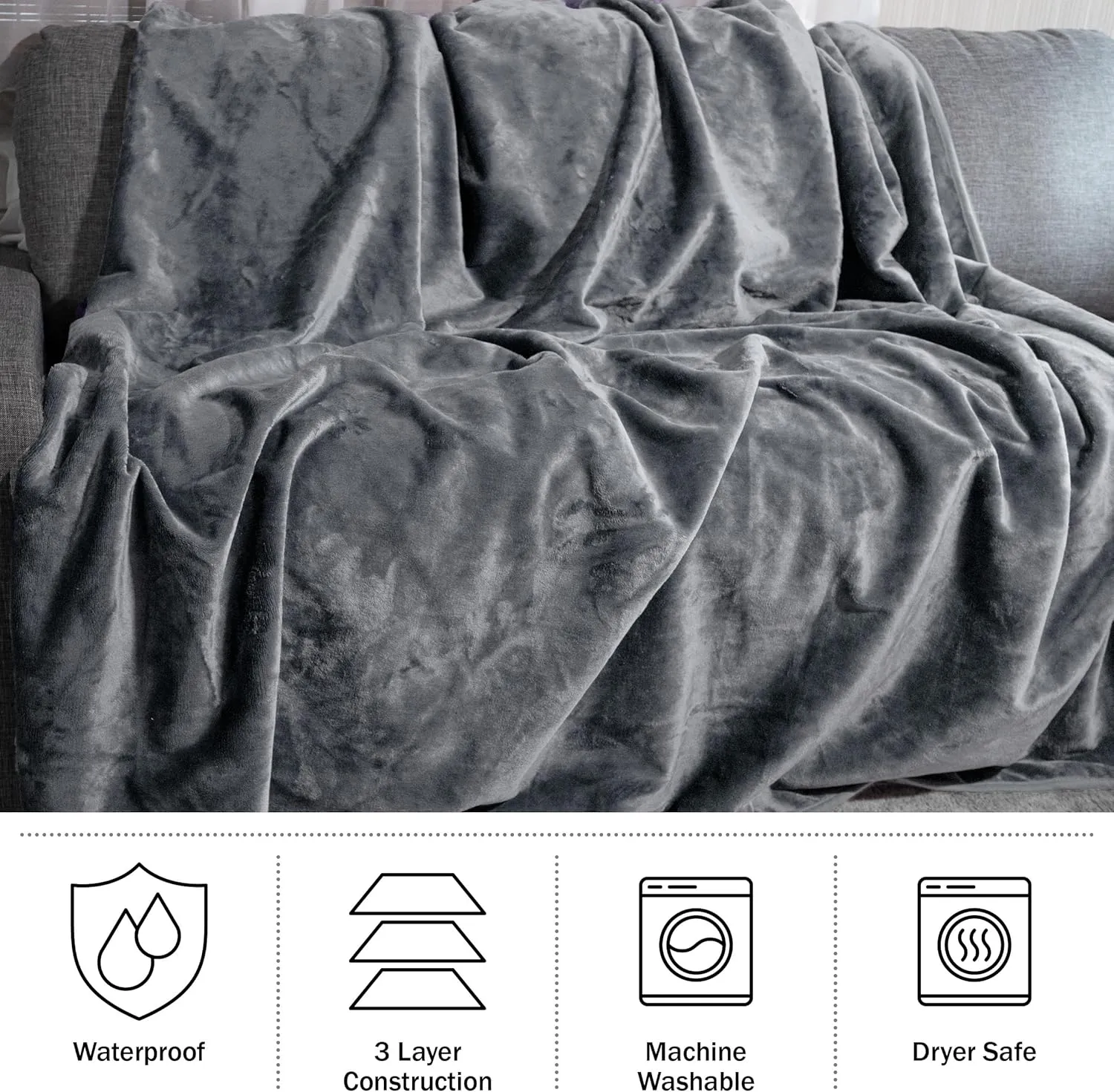 Lavish Home Waterproof Blanket - 80x80 King-Size Blanket for Kids, Pets, and Outdoors - Throw for Bed, Couch, Chair and Car (Gray)