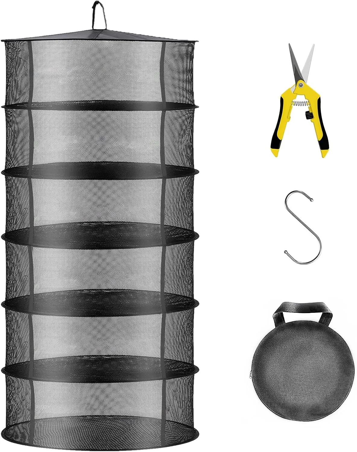 Layer 2ft Herb Drying Rack Hanging Mesh Net with Green Zippers,Bonus Hook Drying Rack Herbs for Plant Bud Seed,Herb Dry Net for Garden(6 Layer, Open Type)