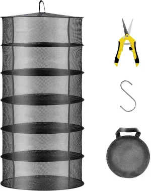 Layer 2ft Herb Drying Rack Hanging Mesh Net with Green Zippers,Bonus Hook Drying Rack Herbs for Plant Bud Seed,Herb Dry Net for Garden(6 Layer, Open Type)