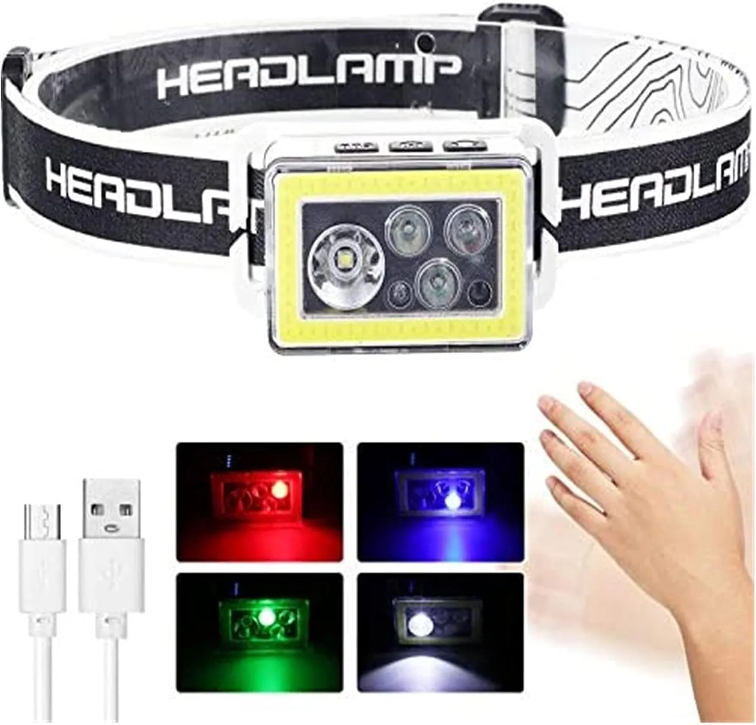 LED Head Torch, Motion Sensor USB Rechargeable Headlamp Bright 200 Lumens, 10 Lighting Modes, 4 Colors Light, Waterproof Headlight for Kids Adults, Running,