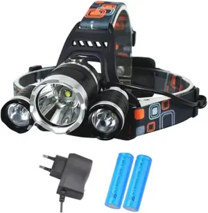 LED Headlamp with 3 Lights, Rechargeable, Adjustable Headband, 2 Batteries and Charger Included