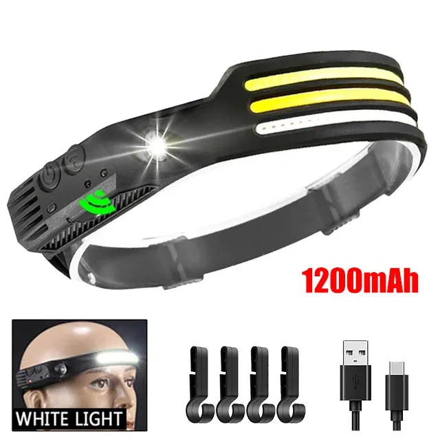 LED Headlamp with Induction Sensor, 10W USB Rechargeable, 180° Beam Angle, Waterproof Head Flashlight for Outdoor Camping and Fishing