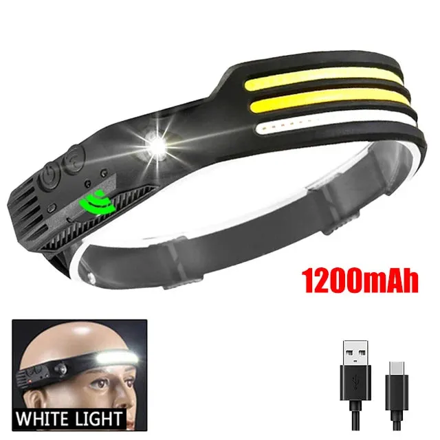 LED Headlamp with Induction Sensor, 10W USB Rechargeable, 180° Beam Angle, Waterproof Head Flashlight for Outdoor Camping and Fishing