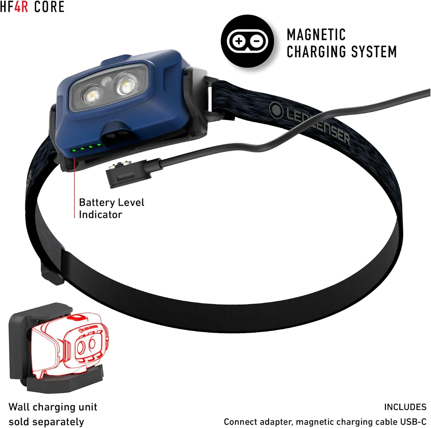 Ledlenser HF4R Core Hands Free, Rechargeable Headlamp, Water Resistant, 500 Lumens, Blue
