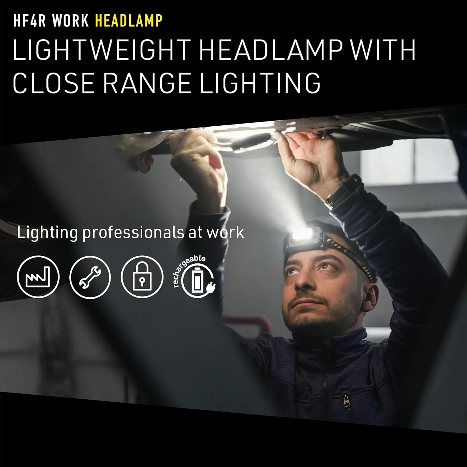 Ledlenser HF4R Work Hands Free, Rechargeable Headlamp, Dust and Water Resistant, 500 Lumens, Yellow
