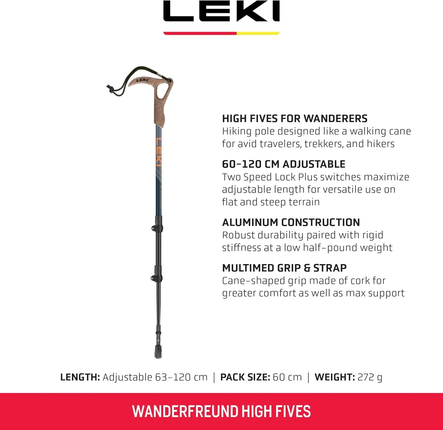 LEKI Wanderfreund High Fives Aluminum Adjustable Lightweight Walking Pole (Single) for Trekking & Hiking
