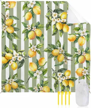 Lemon Beach Blanket Waterproof Sandproof 83"x79", Summer Sage Green Stripes Oversized Beach Mat with 4 Corner Sand Pocket & 4 Stakes, Compact Outdoor Picnic Mat for Camping Travel Festivals