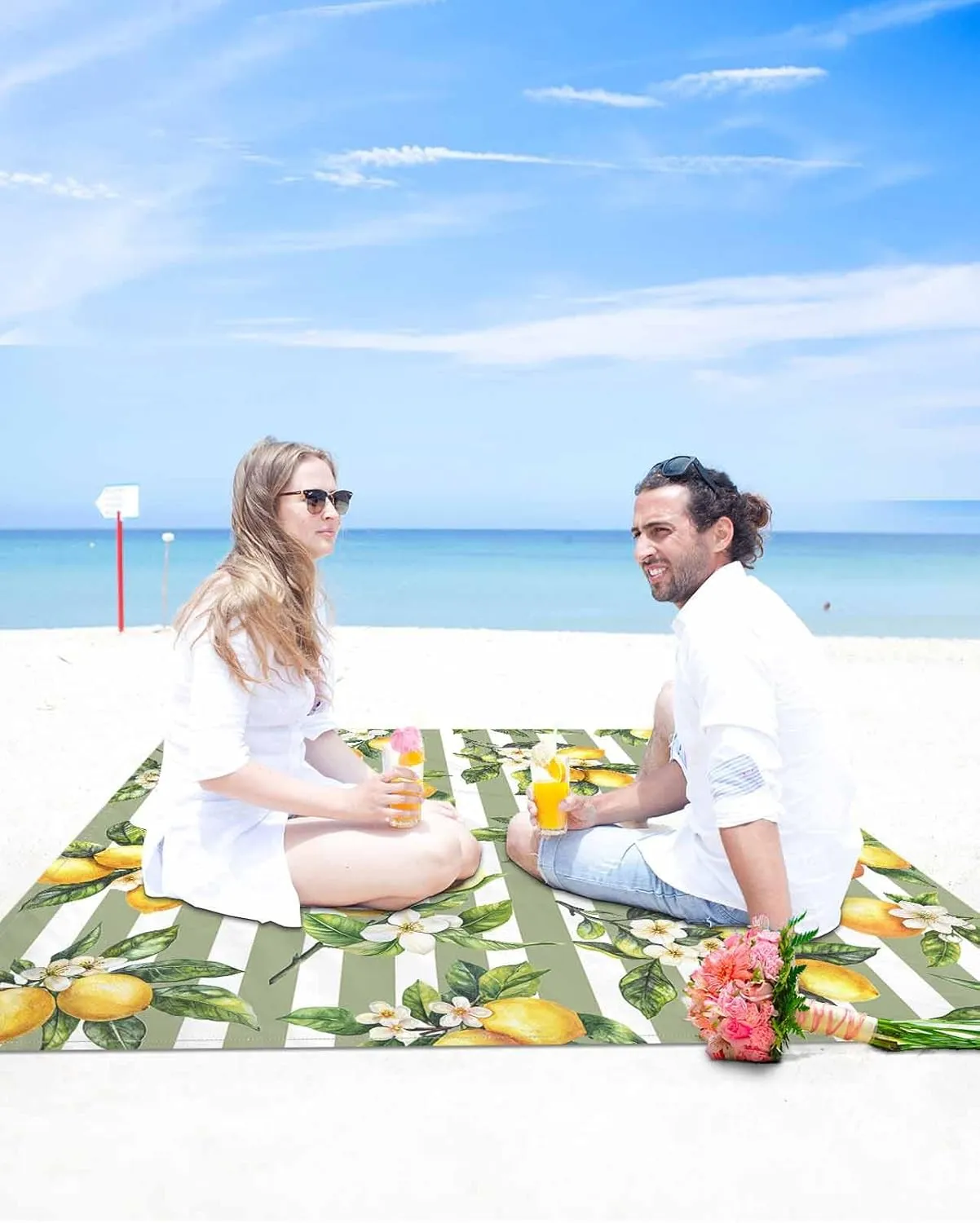 Lemon Beach Blanket Waterproof Sandproof 83"x79", Summer Sage Green Stripes Oversized Beach Mat with 4 Corner Sand Pocket & 4 Stakes, Compact Outdoor Picnic Mat for Camping Travel Festivals