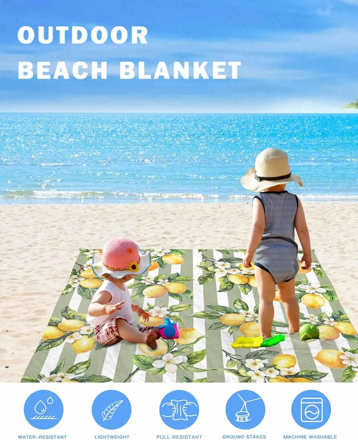 Lemon Beach Blanket Waterproof Sandproof 83"x79", Summer Sage Green Stripes Oversized Beach Mat with 4 Corner Sand Pocket & 4 Stakes, Compact Outdoor Picnic Mat for Camping Travel Festivals