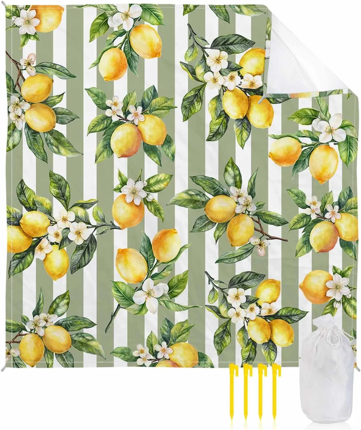 Lemon Beach Blanket Waterproof Sandproof 83"x79", Summer Sage Green Stripes Oversized Beach Mat with 4 Corner Sand Pocket & 4 Stakes, Compact Outdoor Picnic Mat for Camping Travel Festivals