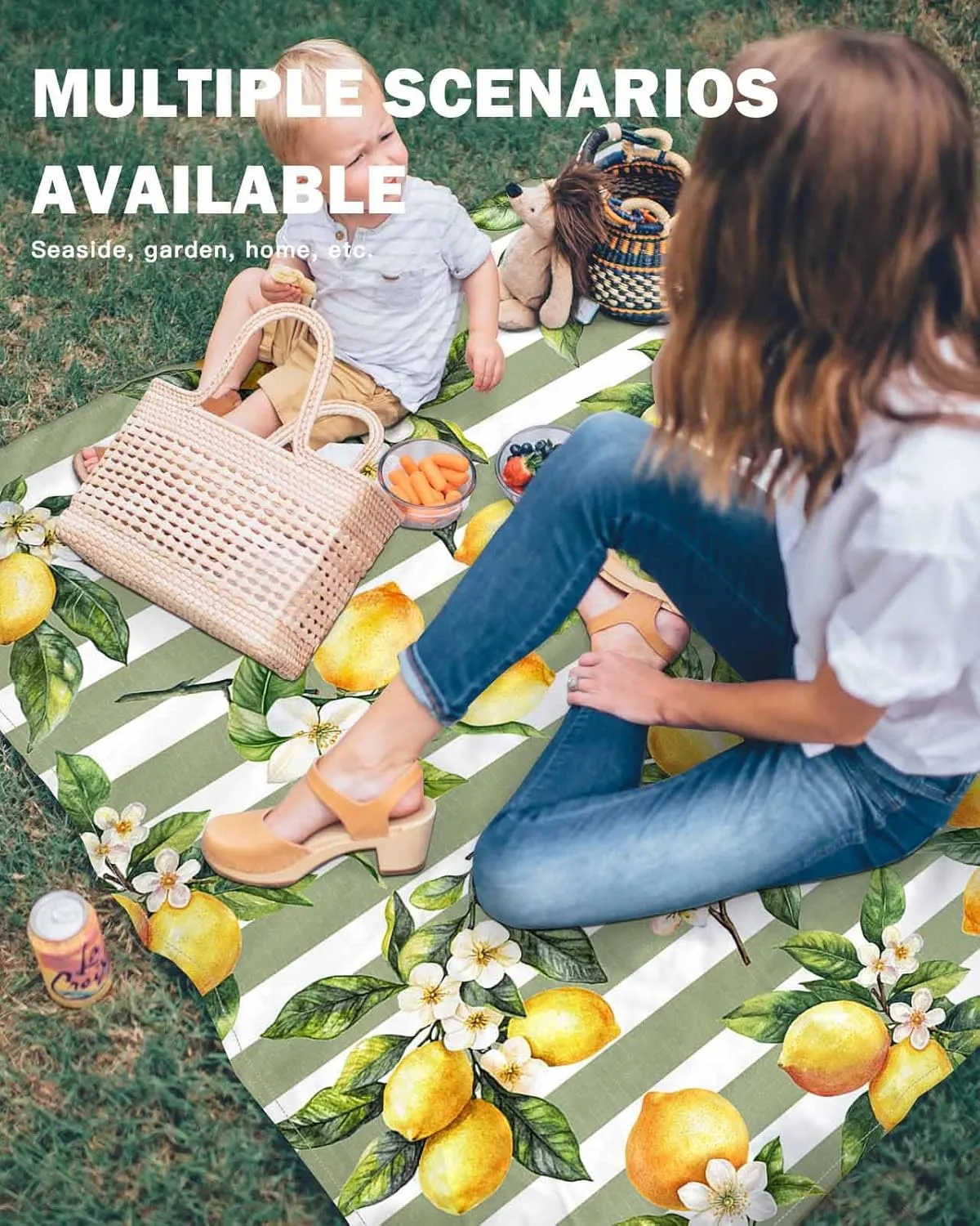 Lemon Beach Blanket Waterproof Sandproof 83"x79", Summer Sage Green Stripes Oversized Beach Mat with 4 Corner Sand Pocket & 4 Stakes, Compact Outdoor Picnic Mat for Camping Travel Festivals