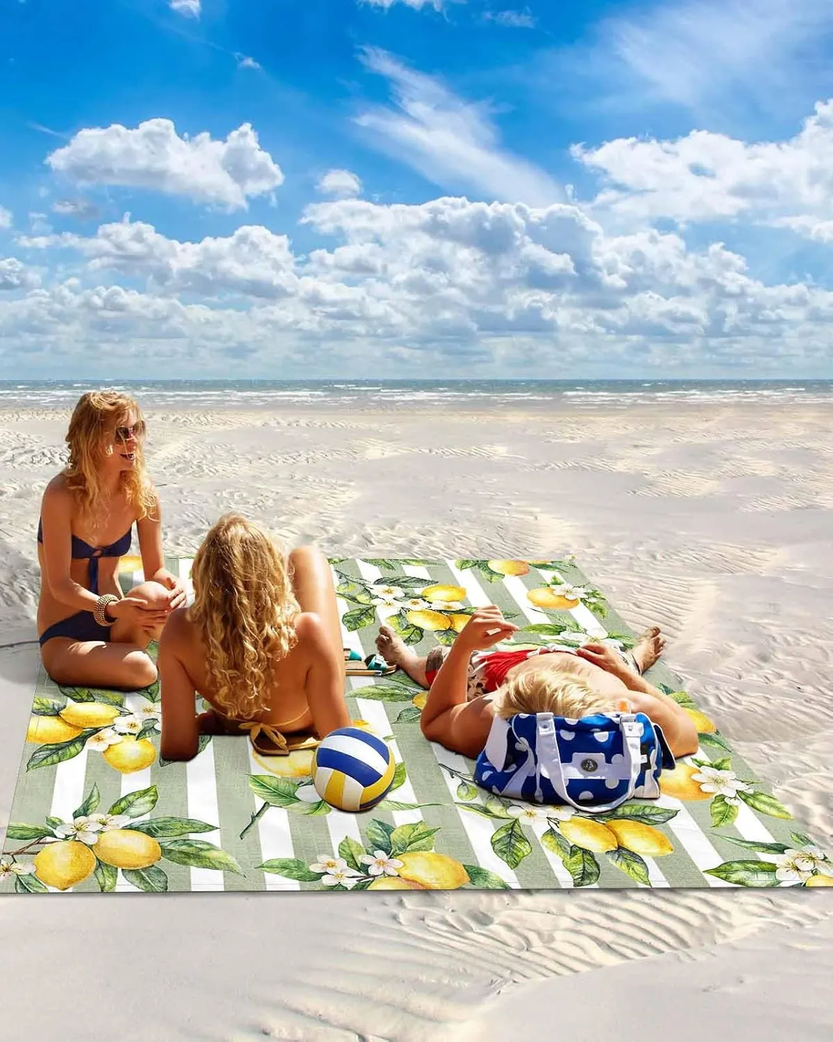 Lemon Beach Blanket Waterproof Sandproof 83"x79", Summer Sage Green Stripes Oversized Beach Mat with 4 Corner Sand Pocket & 4 Stakes, Compact Outdoor Picnic Mat for Camping Travel Festivals
