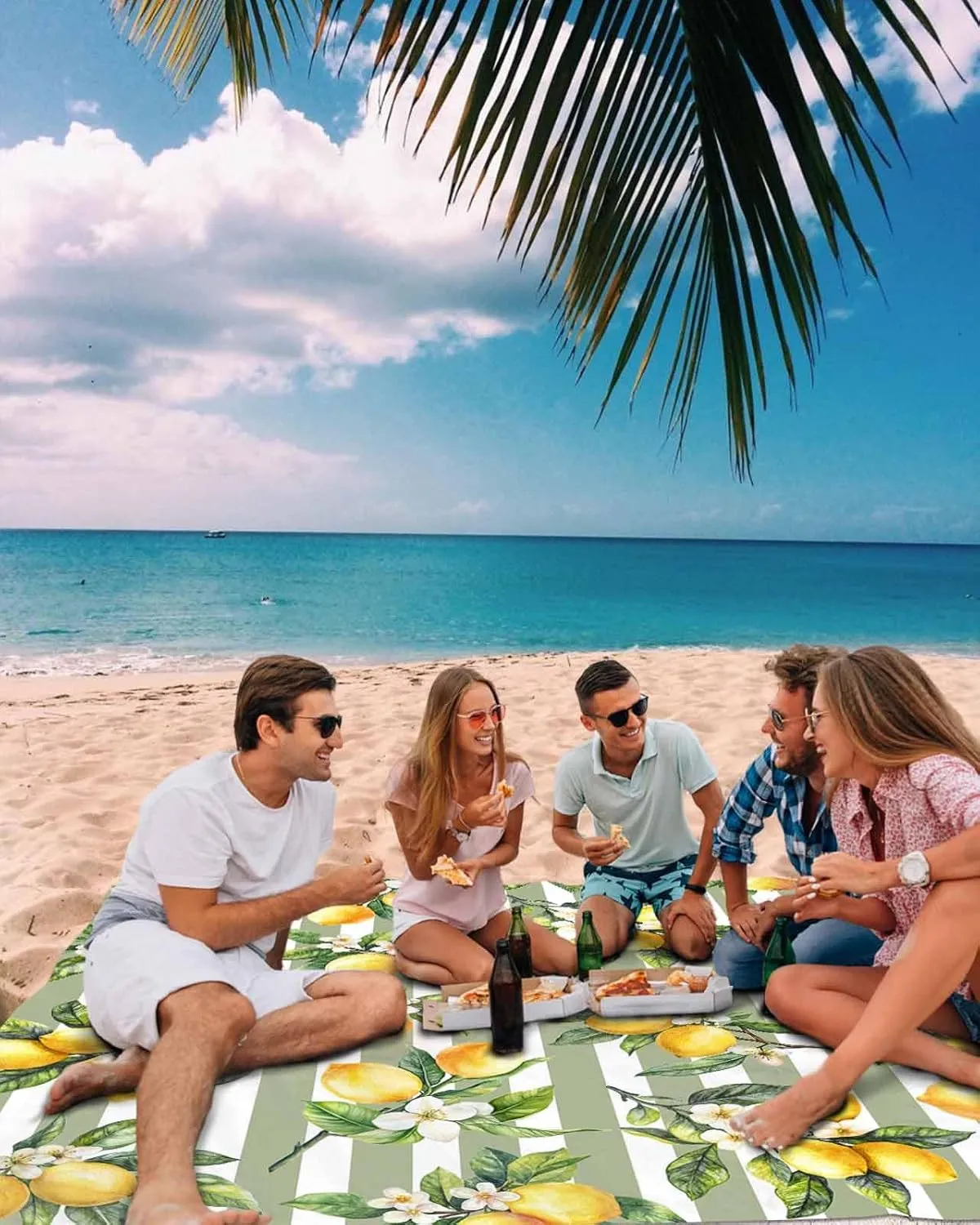 Lemon Beach Blanket Waterproof Sandproof 83"x79", Summer Sage Green Stripes Oversized Beach Mat with 4 Corner Sand Pocket & 4 Stakes, Compact Outdoor Picnic Mat for Camping Travel Festivals