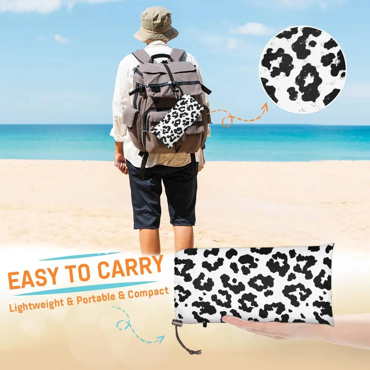 Leopard Print Beach Blanket, Sandproof Beach Mat, 68 x 59 Waterproof Quick Drying Sand Free Mat with 4 x Ground Spikes for Outdoor Travel Camping Hiking, Animal Abstract Skin