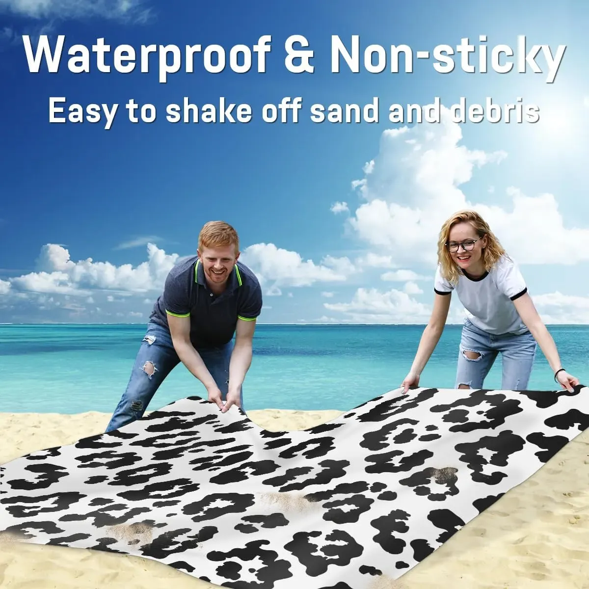 Leopard Print Beach Blanket, Sandproof Beach Mat, 68 x 59 Waterproof Quick Drying Sand Free Mat with 4 x Ground Spikes for Outdoor Travel Camping Hiking, Animal Abstract Skin