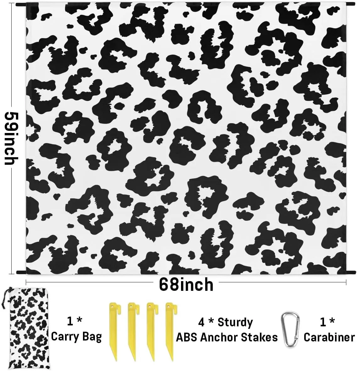 Leopard Print Beach Blanket, Sandproof Beach Mat, 68 x 59 Waterproof Quick Drying Sand Free Mat with 4 x Ground Spikes for Outdoor Travel Camping Hiking, Animal Abstract Skin