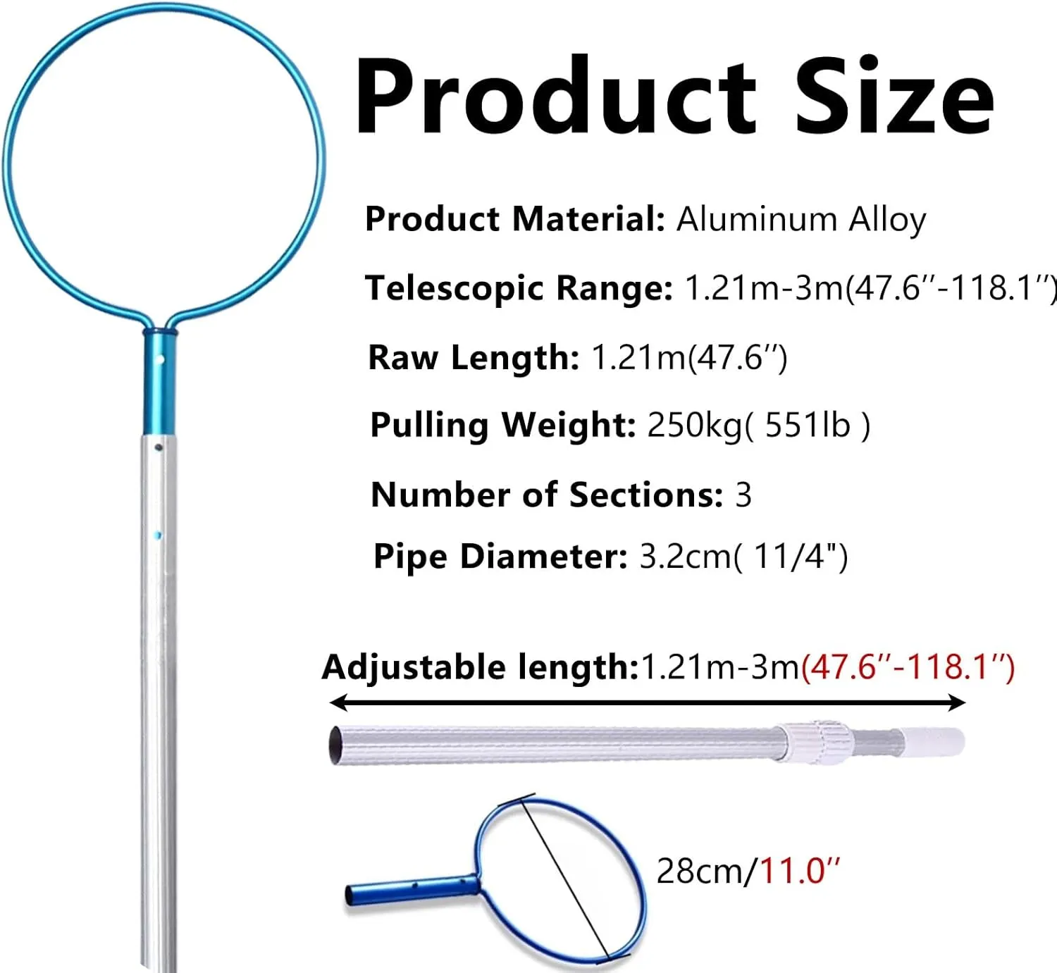 Lifesaving Pole Lightweight Pool Emergency Rescue Pole for Water Parks, Aluminum Round Emergency Hook/Telescopic Poles, Beach Special Salvage Rods for Struggling Swimmers(H 3 m/9.8 ft)