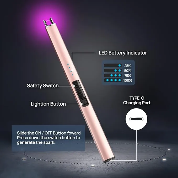 Lighter Candle Lighter, Electric Lighter USB Rechargeable Lighters Have Triple Safety and LED Battery Display, Windproof Flameless Plasma Arc Lighter for Candle Camping Grill (Rose Gold)
