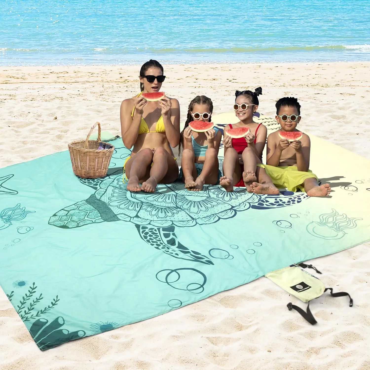 Lightweight Beach Blanket - Oversized 107" x 77" - Waterproof Sandproof - Double Anchored for Fun Leisure Beach Blanket - with Stake and Pouch - Durable Sand Beach Mat
