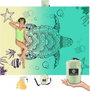 Lightweight Beach Blanket - Oversized 107" x 77" - Waterproof Sandproof - Double Anchored for Fun Leisure Beach Blanket - with Stake and Pouch - Durable Sand Beach Mat