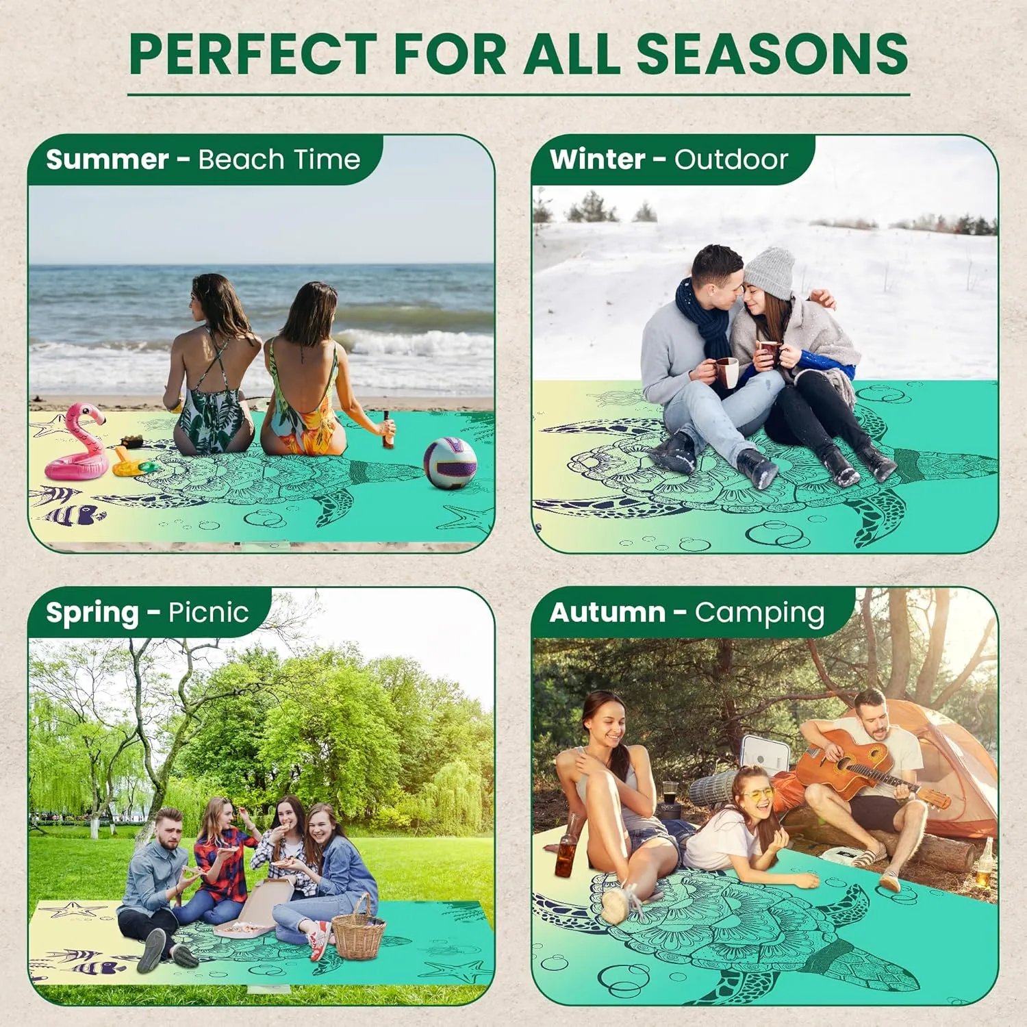 Lightweight Beach Blanket - Oversized 107" x 77" - Waterproof Sandproof - Double Anchored for Fun Leisure Beach Blanket - with Stake and Pouch - Durable Sand Beach Mat