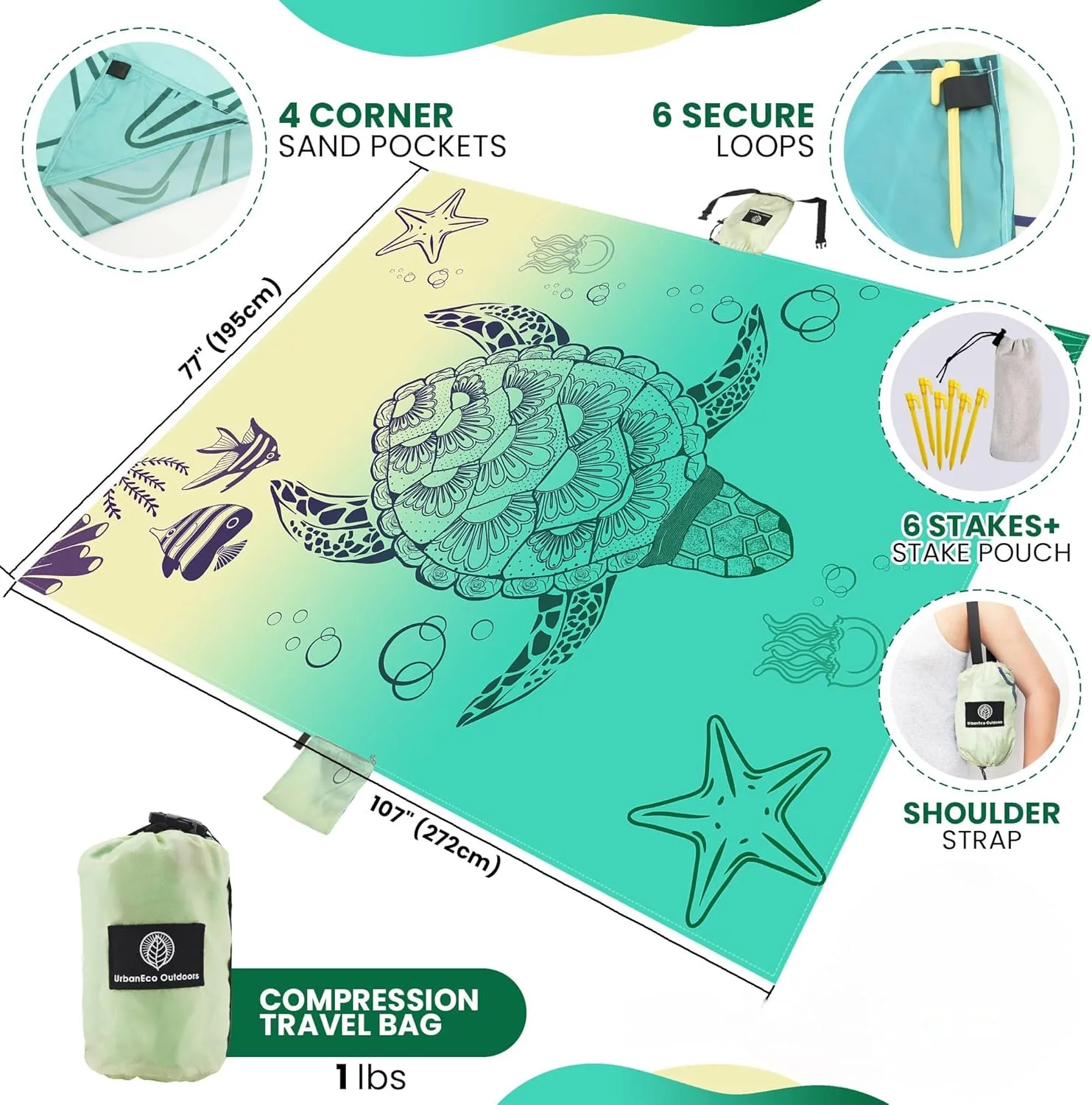 Lightweight Beach Blanket - Oversized 107" x 77" - Waterproof Sandproof - Double Anchored for Fun Leisure Beach Blanket - with Stake and Pouch - Durable Sand Beach Mat