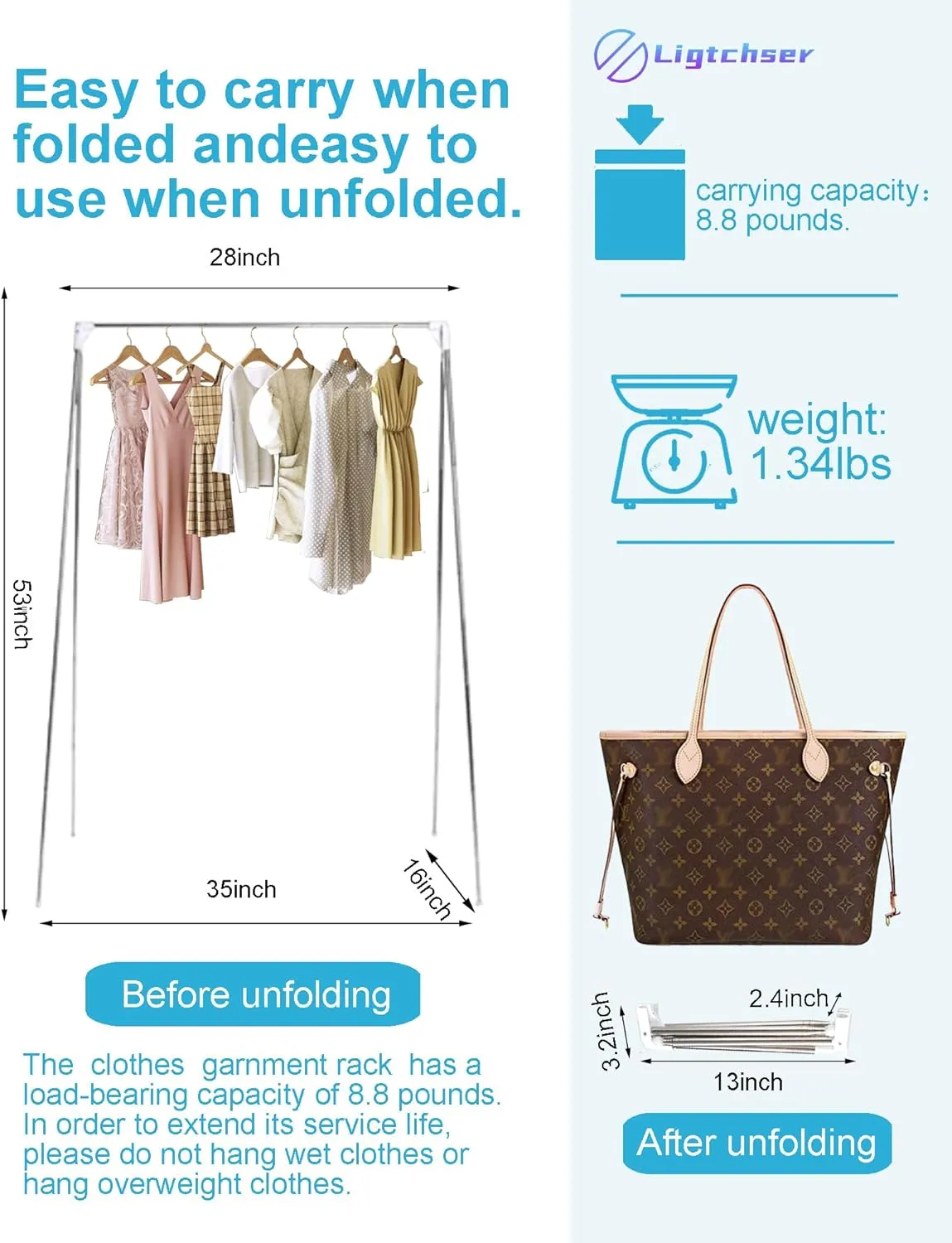 Ligtchser Portable Travel Garment Rack,Folding Clothes Rack for Dance,Travel,Camping, Drying,RV, Indoor,Outdoor. A Collapsible Mini Clothing Rack.