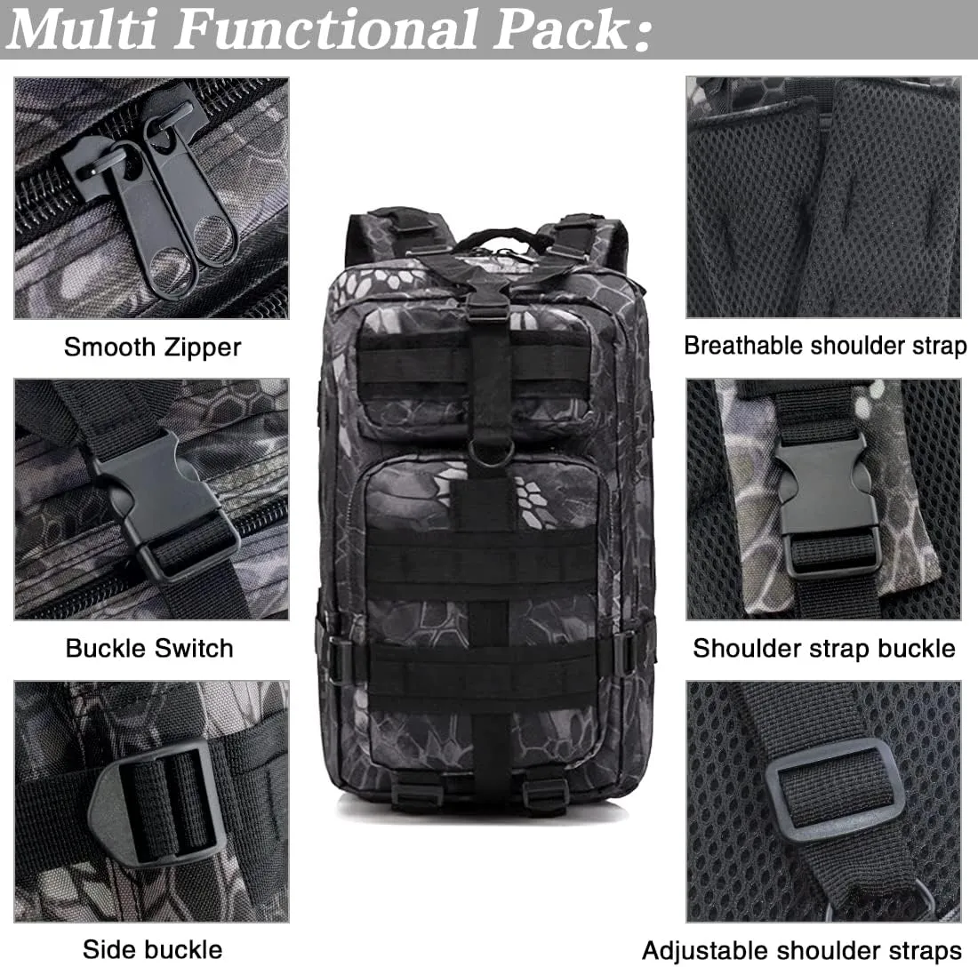 LIMHOO Tactical Backpack for Men - Small Army Backpack Military Rucksack 30L EDC Molle Bag with USA Flag Patch (Python Black)