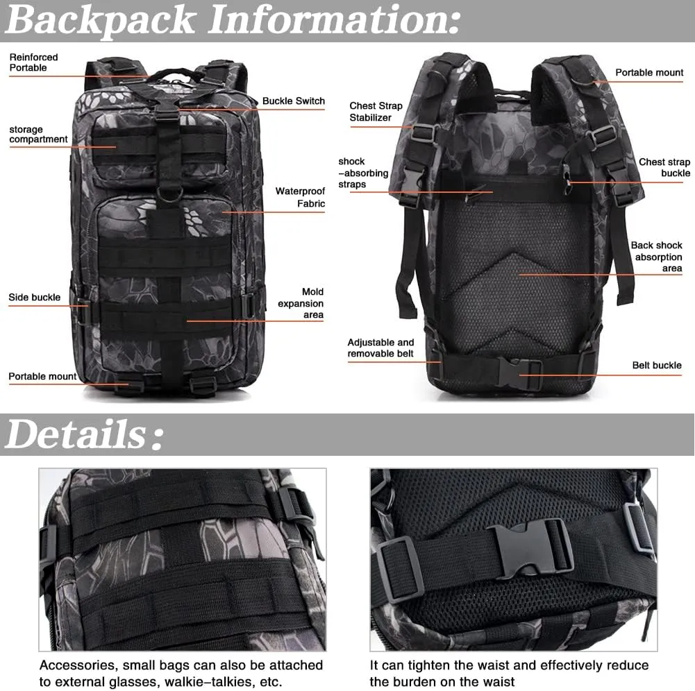 LIMHOO Tactical Backpack for Men - Small Army Backpack Military Rucksack 30L EDC Molle Bag with USA Flag Patch (Python Black)