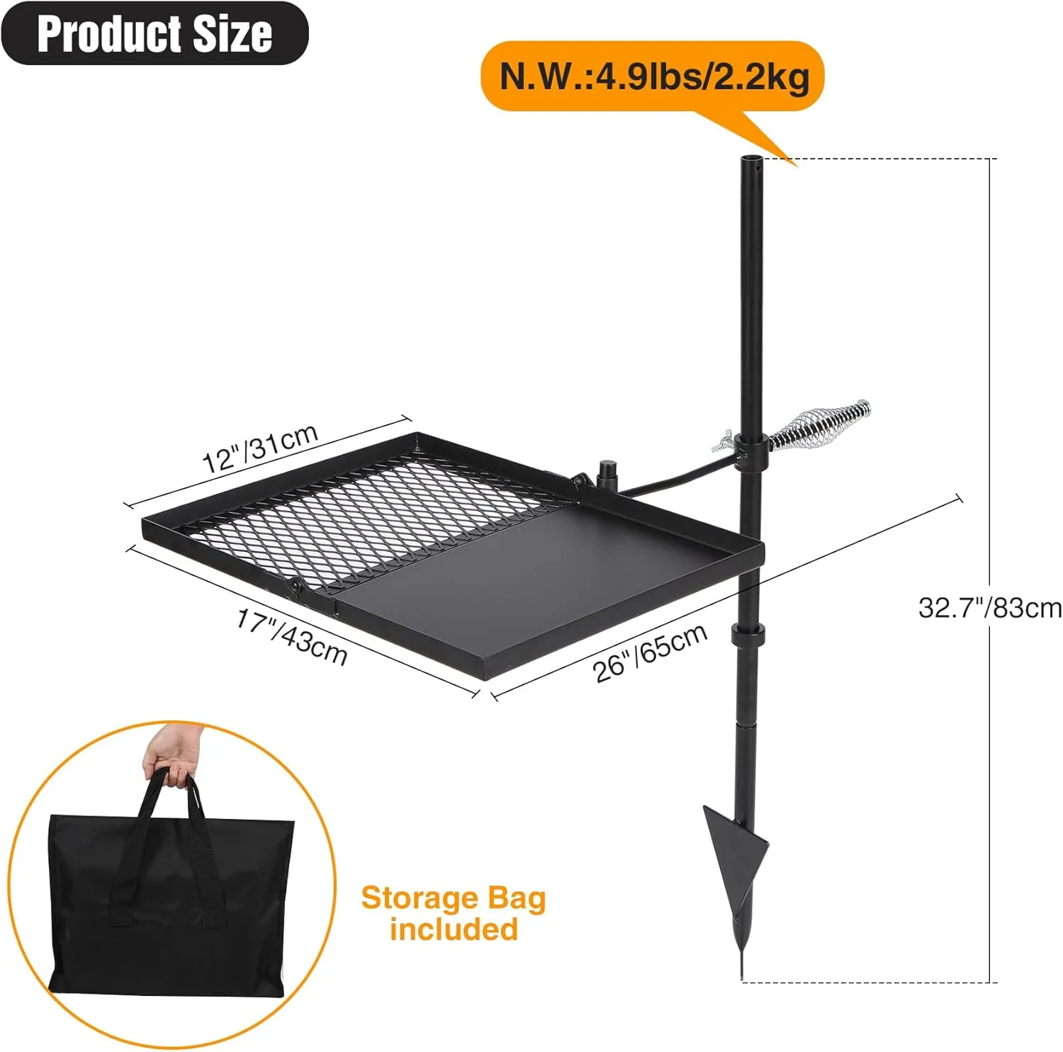 Lineslife Swivel Campfire Grill Grate and Griddle, Adjustable Fire Pit Grill Grate Over Fire Pit, Camp Fire Cooking Grate with Carrying Bag for Outdoor Camping BBQ, Rectangle Black