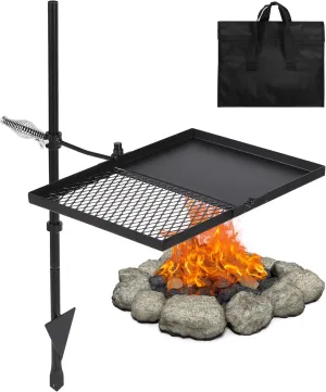 Lineslife Swivel Campfire Grill Grate and Griddle, Adjustable Fire Pit Grill Grate Over Fire Pit, Camp Fire Cooking Grate with Carrying Bag for Outdoor Camping BBQ, Rectangle Black