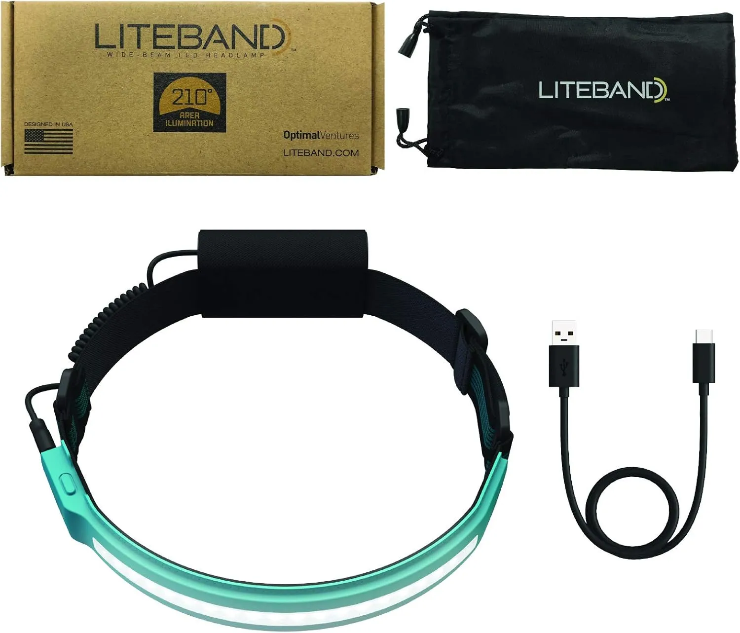 Liteband ACTIV 400 Wide-Beam LED Headlamp - 210° Illumination, 400 Lumens, Lightweight, Weatherproof, Rechargeable, USB-C, Red LED Mode - Camping, Running, Hiking, Fits Hard Hats, LBA400-L18O, Ocean