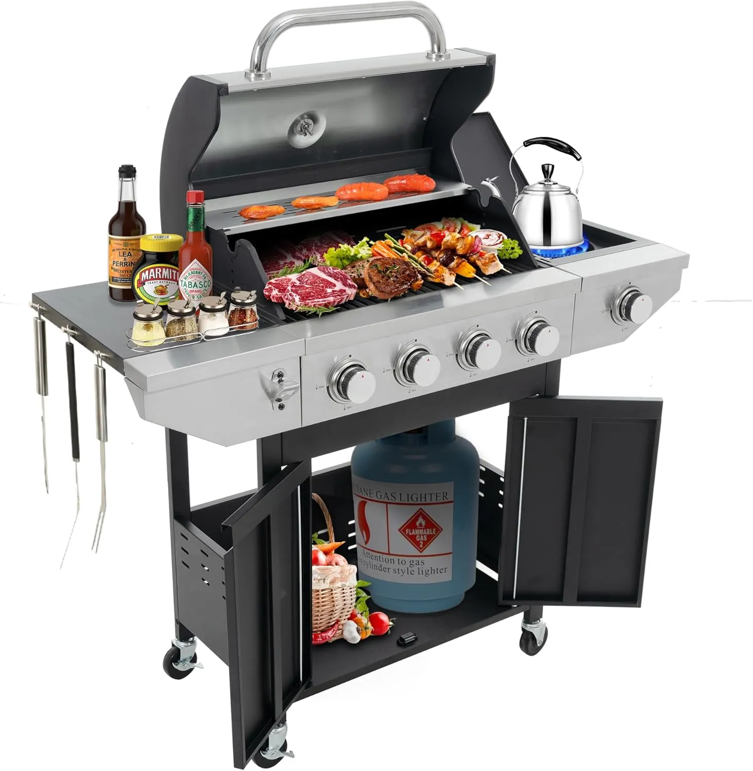 Livavege 4 Burner Propane Gas Grill with Side Burner, Output Stainless Steel BBQ Grill 46,700 BTU for Outdoor Cooking Kitchen, Garden and Patio Backyard Barbecue