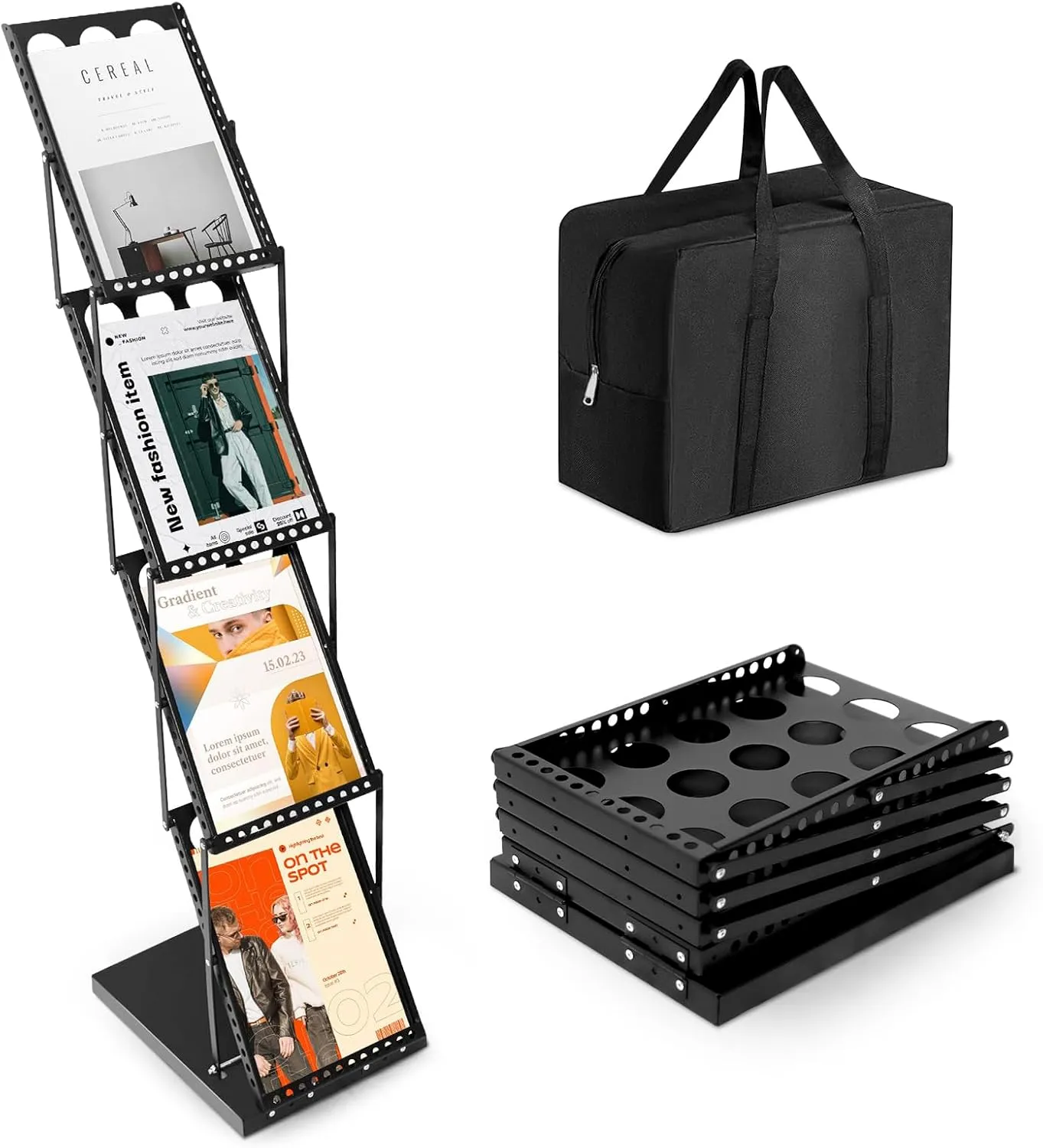 LIWSHWZ 4 Pockets Brochure Display Stand,Magazine Rack Floor with Carrying Bag,Foldable Literature Catalog Rack for Trade Show Exhibitions Office,Trade Shows, Offices (Black)