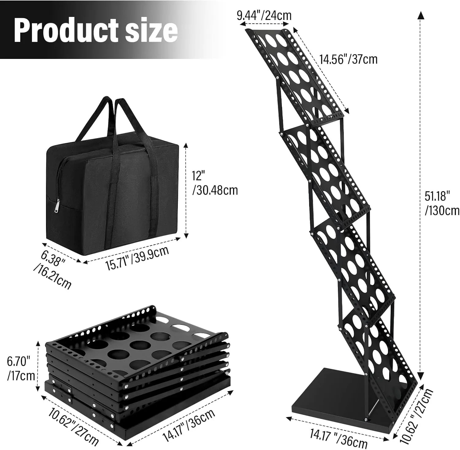 LIWSHWZ 4 Pockets Brochure Display Stand,Magazine Rack Floor with Carrying Bag,Foldable Literature Catalog Rack for Trade Show Exhibitions Office,Trade Shows, Offices (Black)