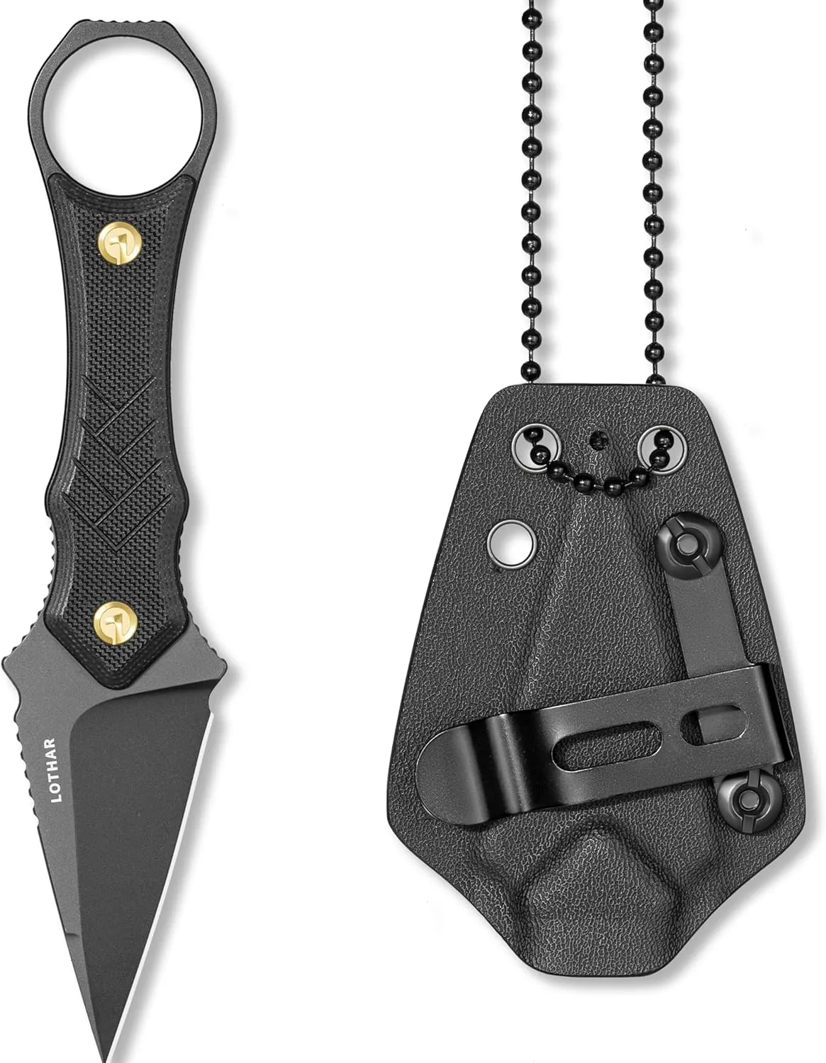 LOTHAR PORCUPINE Small Fixed Blade Knife, 2.46" 14C28N Neck Knife, EDC Knife with G10 Handle and Kydex Sheath, Knife Necklace Horizontal Carry Knife, Survival Knife for Men Women (black)