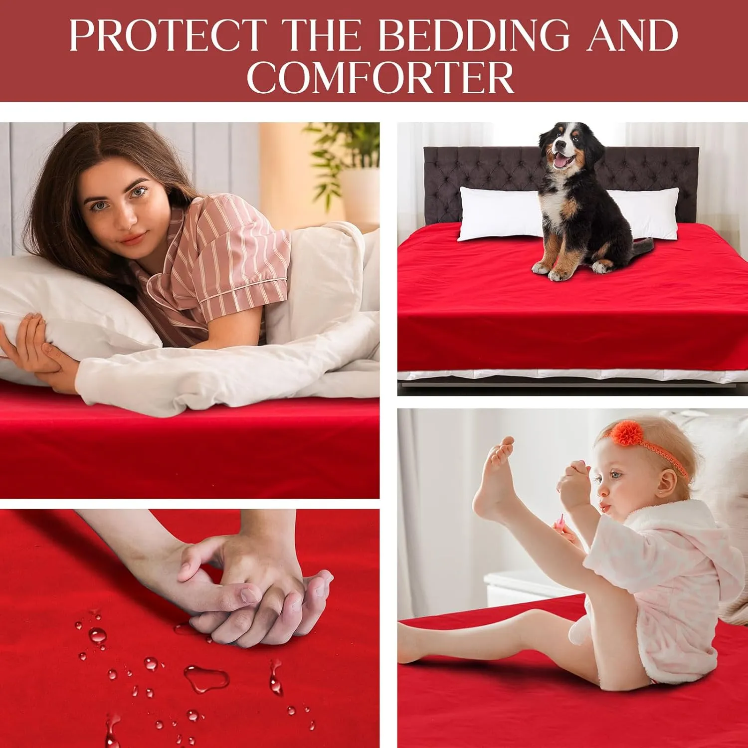 Love Red Waterproof Bed Blanket Queen Size 78'' x 82'' Splash Lightweight Reusable & Stainproof Waterproof Mat Quiet & Easy to Use Mattress Protector with Storage Bag