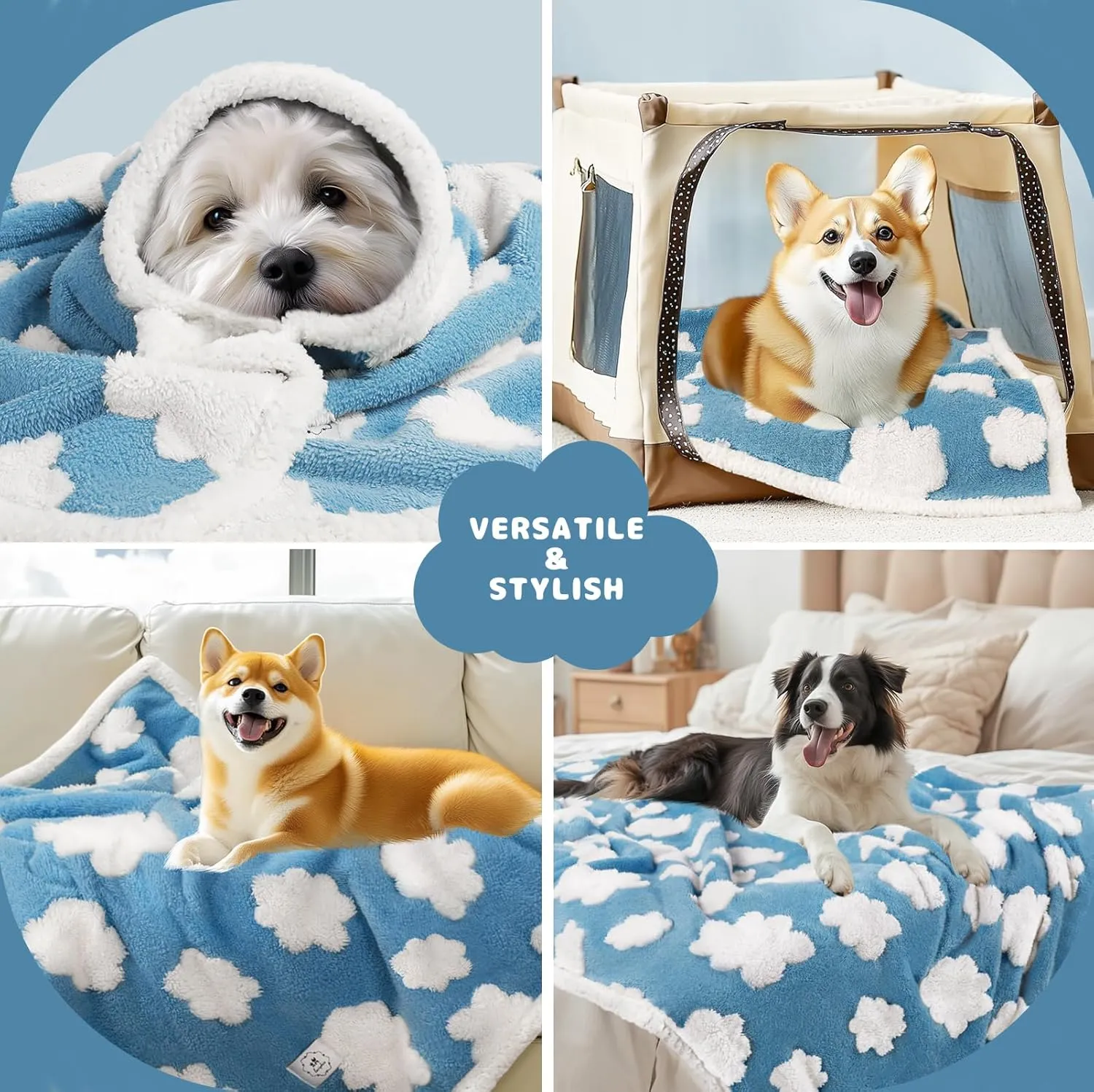 Luciphia Waterproof Pet Blanket for Medium Large Dogs Washable Fluffy Thick Jacquard Shag Fleece Warm Sherpa 3D Textured Flower Print for Cats Puppy Couch Protection (Blue Cloud,67x57 inches)