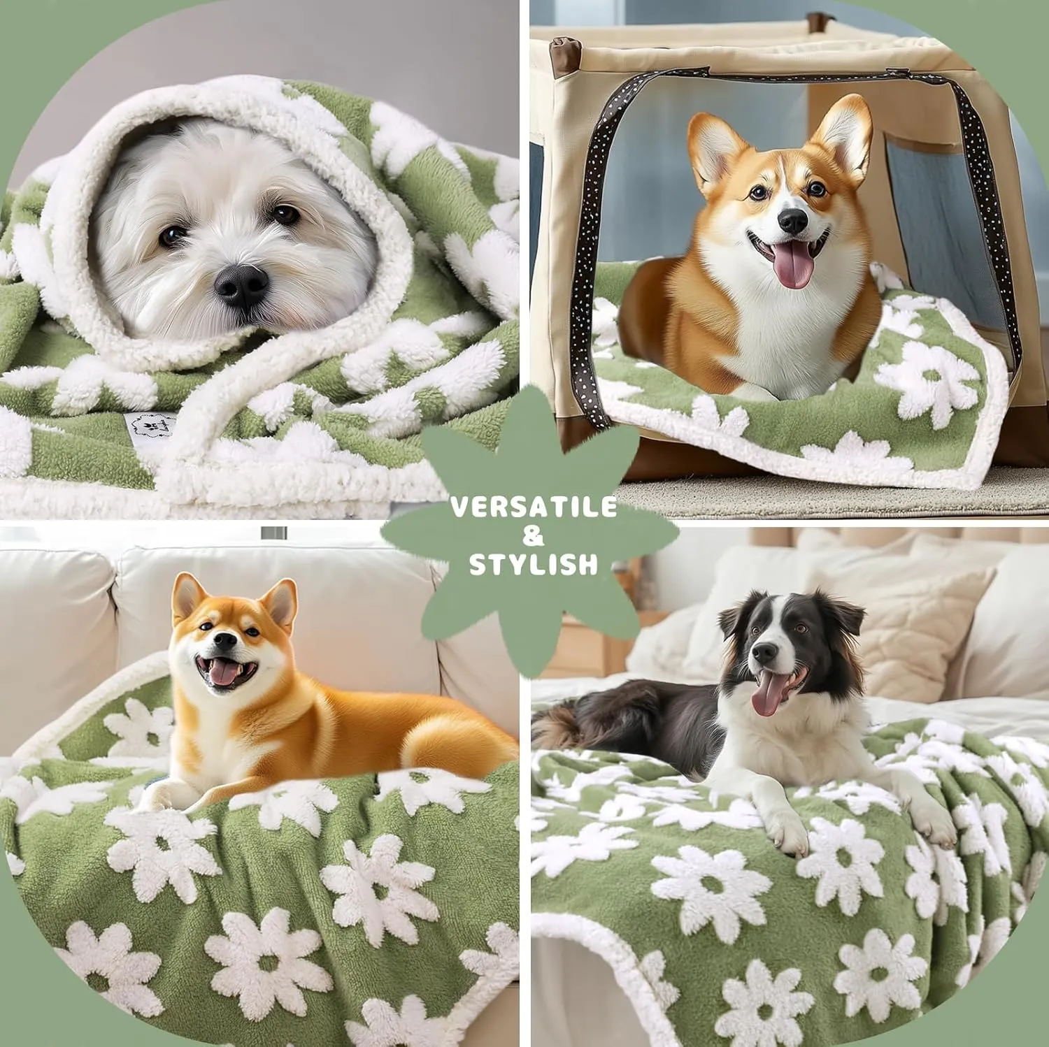Luciphia Waterproof Pet Blanket for Medium Large Dogs Washable Fluffy Thick Jacquard Shag Fleece Warm Sherpa 3D Textured Flower Print for Cats Puppy Couch Protection (Green,67x57 inches)