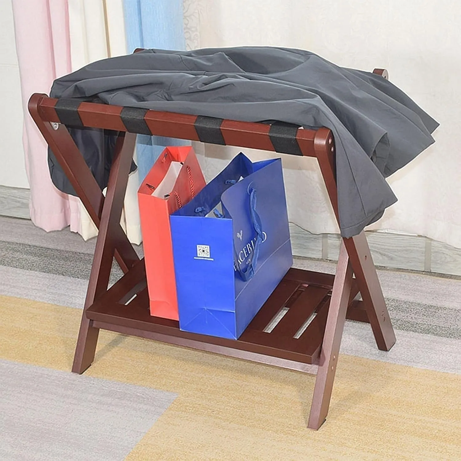 Luggage Rack for Guest Room - Suitcase Stand, Solid Wood Travel Bag Storage Rack, Hotel Home Luggage Rack/Shoe Rack, Foldable Hanger in Guest Room, Multi-Functional Portable Luggage Rack (Color :
