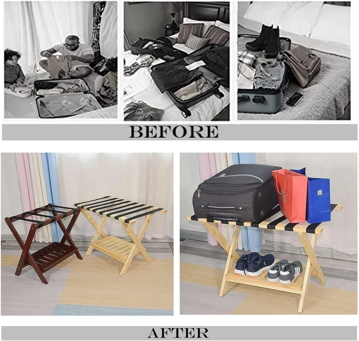 Luggage Rack for Guest Room - Suitcase Stand, Solid Wood Travel Bag Storage Rack, Hotel Home Luggage Rack/Shoe Rack, Foldable Hanger in Guest Room, Multi-Functional Portable Luggage Rack (Color :