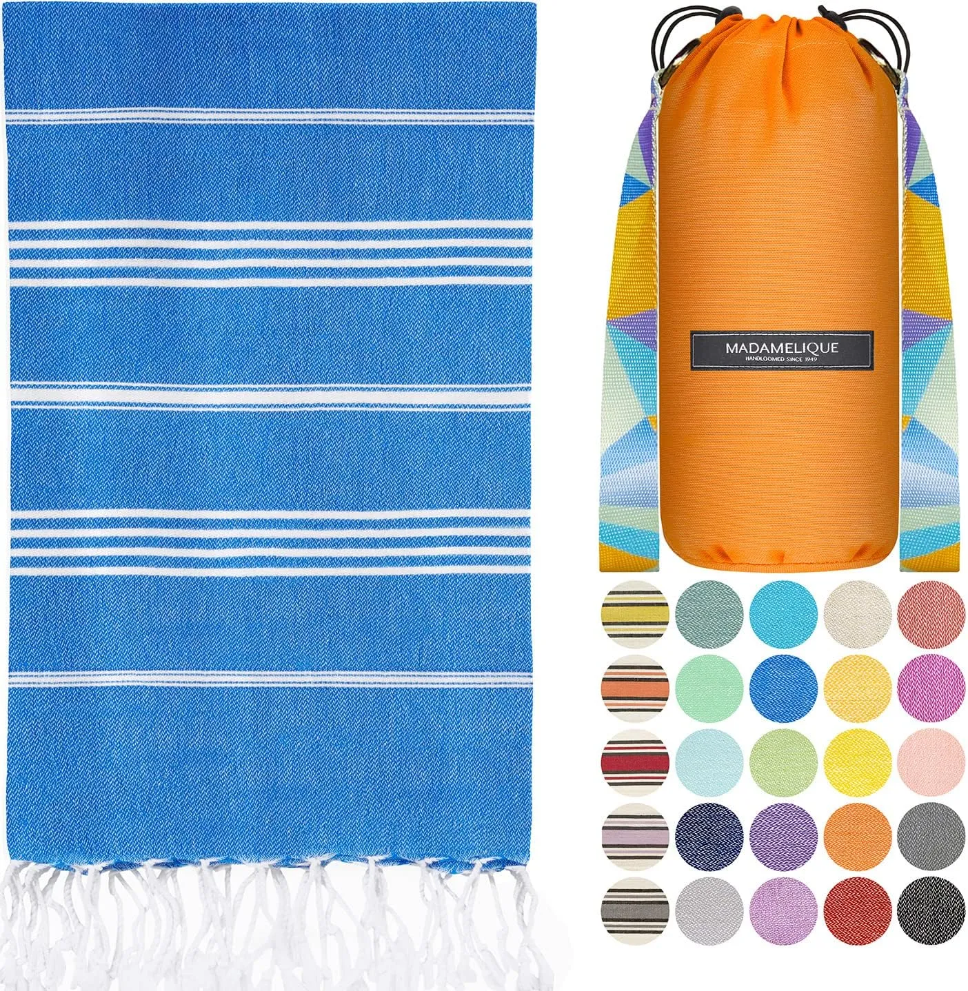 Madamelique Prewashed Oversized Beach Towel with Bag - 39x74 - 100% Cotton - Quick Dry, Sand Free - Hand Loomed - Unique (Blue)