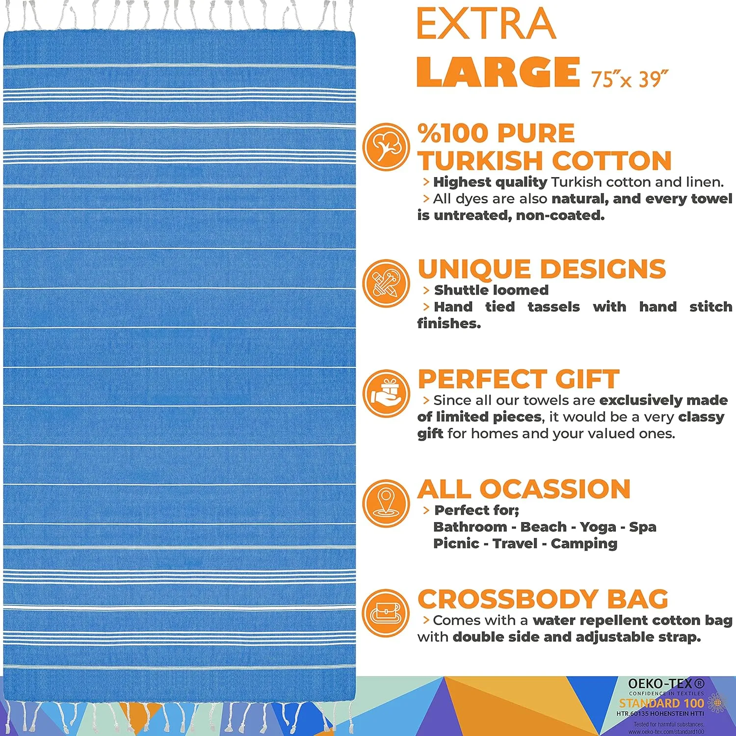 Madamelique Prewashed Oversized Beach Towel with Bag - 39x74 - 100% Cotton - Quick Dry, Sand Free - Hand Loomed - Unique (Blue)