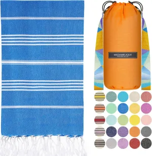 Madamelique Prewashed Oversized Beach Towel with Bag - 39x74 - 100% Cotton - Quick Dry, Sand Free - Hand Loomed - Unique (Blue)