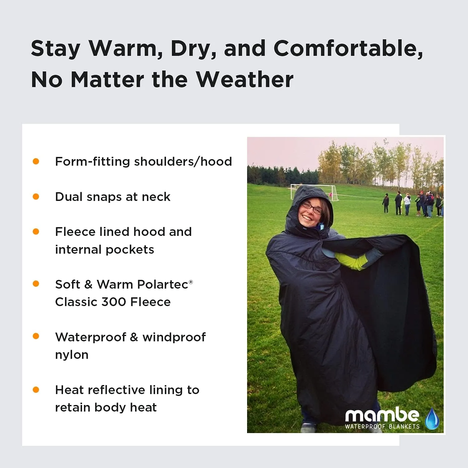 Mambe Small Extreme Weather Hooded Blanket Navy and Charcoal - 100% Waterproof and Windproof with Premium Stuff Sack