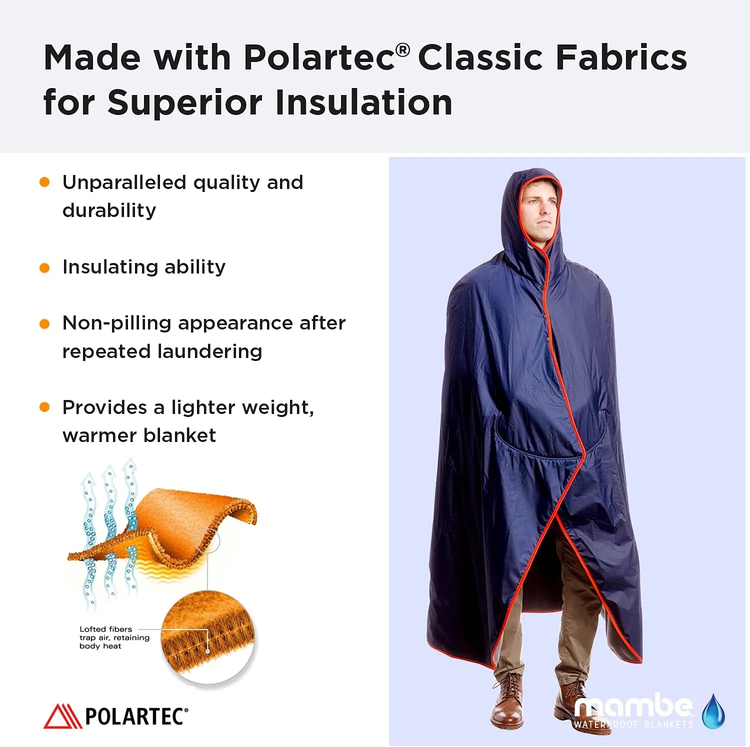 Mambe Small Extreme Weather Hooded Blanket Navy and Charcoal - 100% Waterproof and Windproof with Premium Stuff Sack