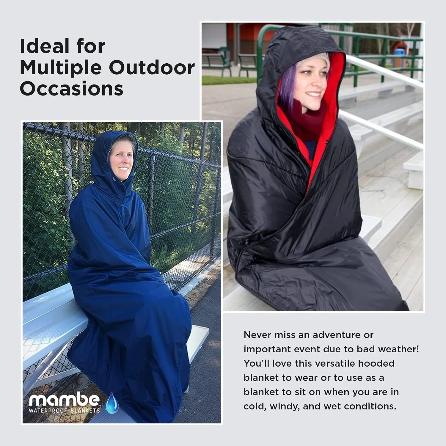 Mambe Small Extreme Weather Hooded Blanket Navy and Charcoal - 100% Waterproof and Windproof with Premium Stuff Sack