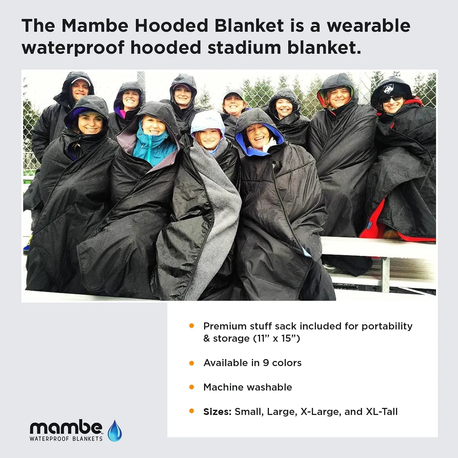 Mambe Small Extreme Weather Hooded Blanket Navy and Charcoal - 100% Waterproof and Windproof with Premium Stuff Sack