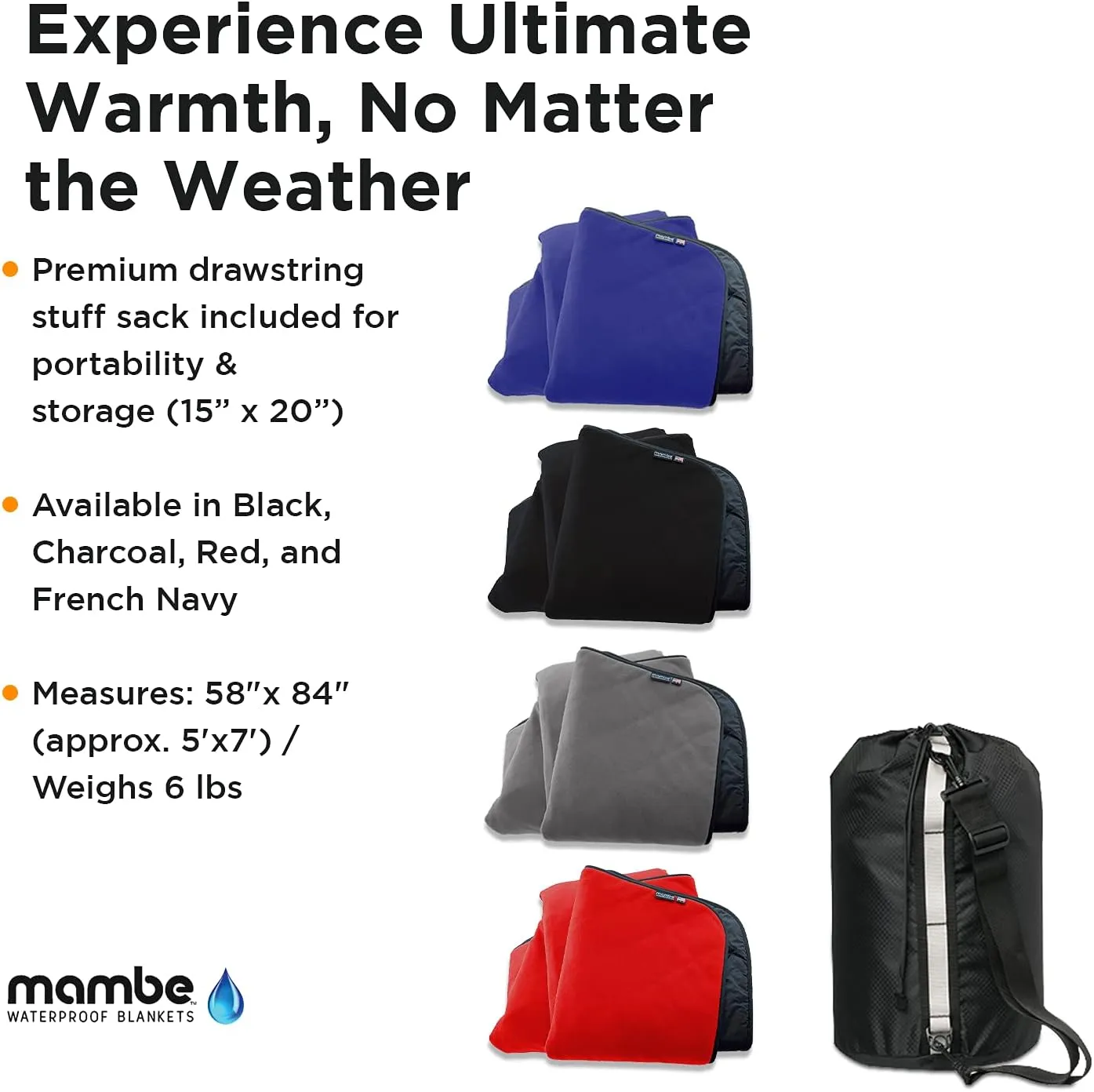 Mambe Super Extreme Weather Outdoor Blanket - Black - 100% Waterproof & Windproof - Insulated Polarfleece Blanket for Activities Like Cold Weather Camping & Winter Sports, Machine Washable